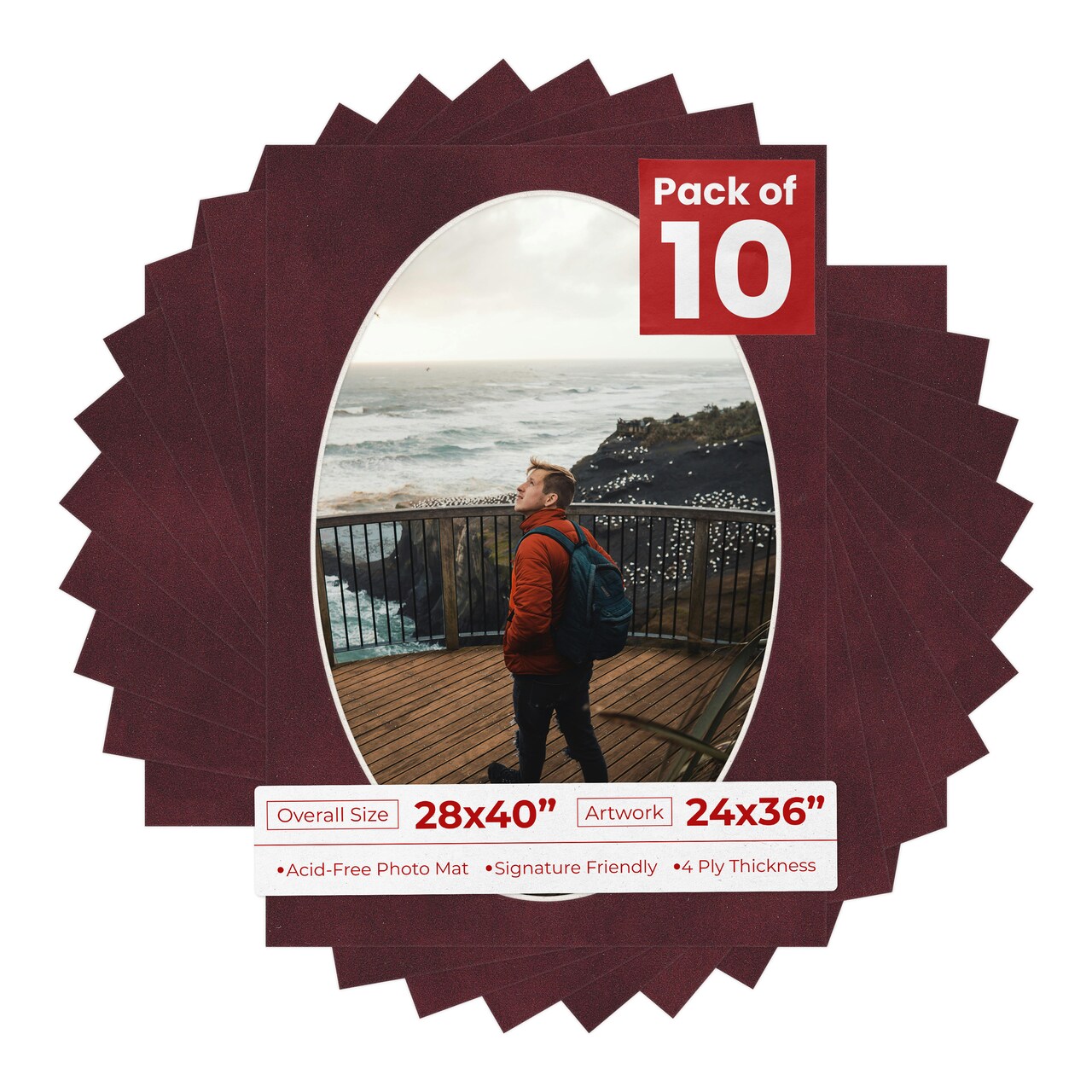 Dark Red Suede Mat Board for 28x40 Frames - Oval Opening for 24x36 Photos